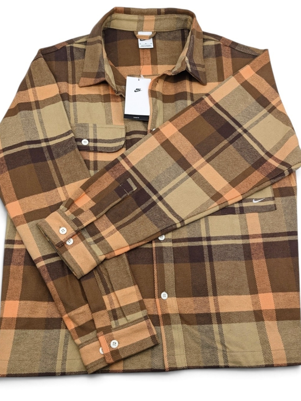 Nike Brown Plaid Long-Sleeve Flannel Shirt Size XL.